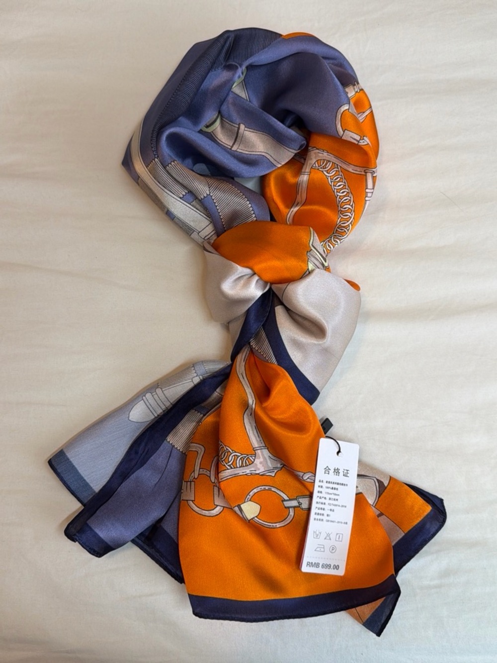 Chain-Print Silk Scarf in Orange, Navy & Gray